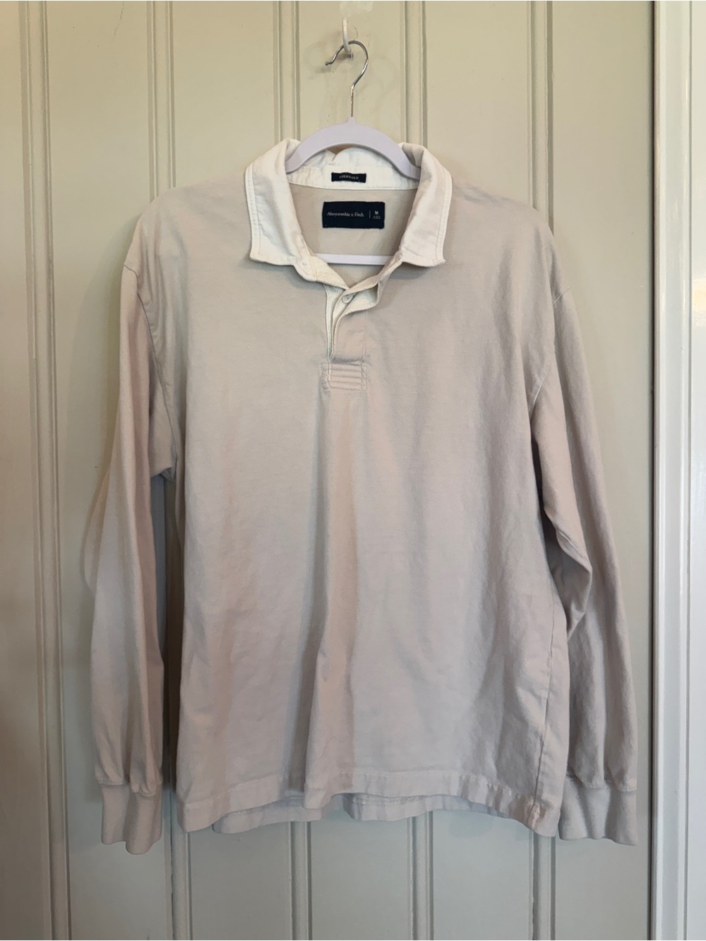 Abercrombie & Fitch Men's Long-Sleeve Polo Shirt in Light Beige Oversized